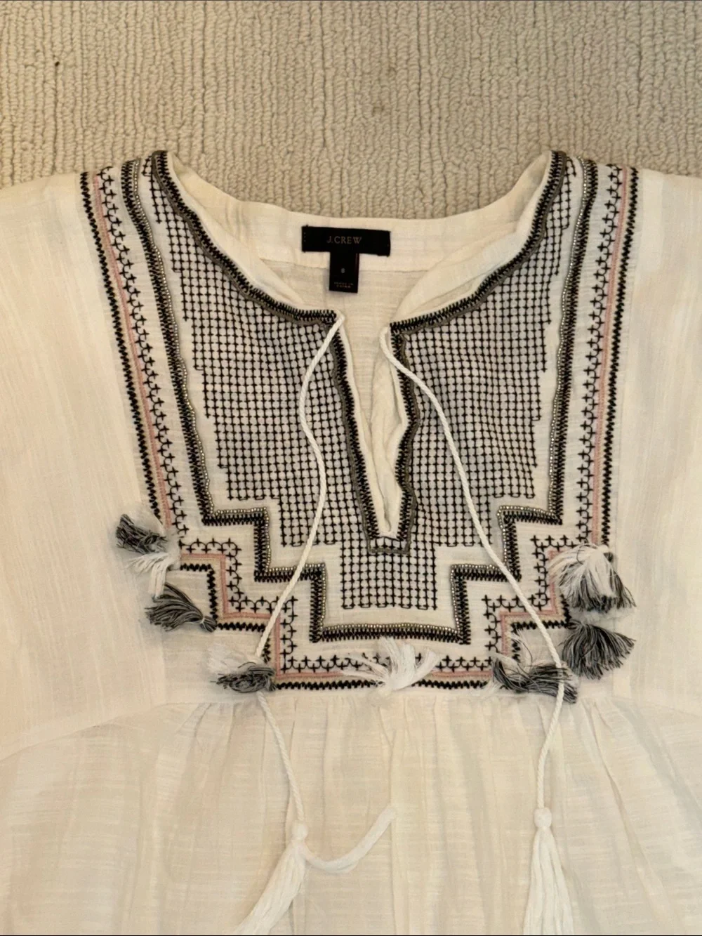 J Crew White Embroidered Boho Cover up Dress with Tassels - size small